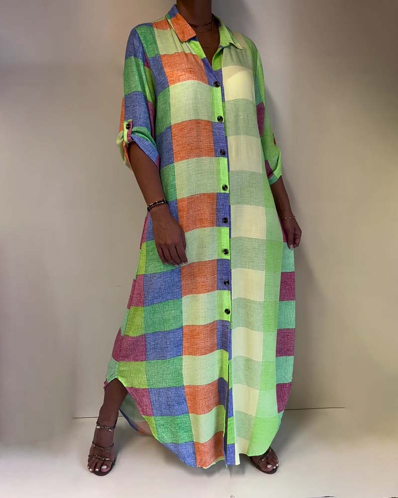 Plaid Collar Color-Block Shirt Dress