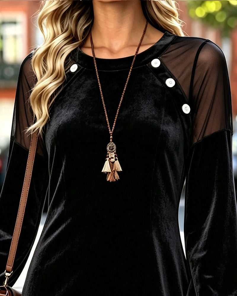 Crewneck Button Sheer A-Line Dress