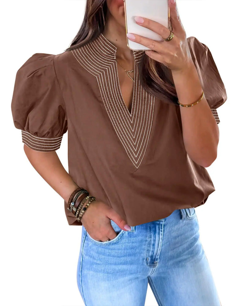 V-Neck Bubble Sleeve Striped Blouse