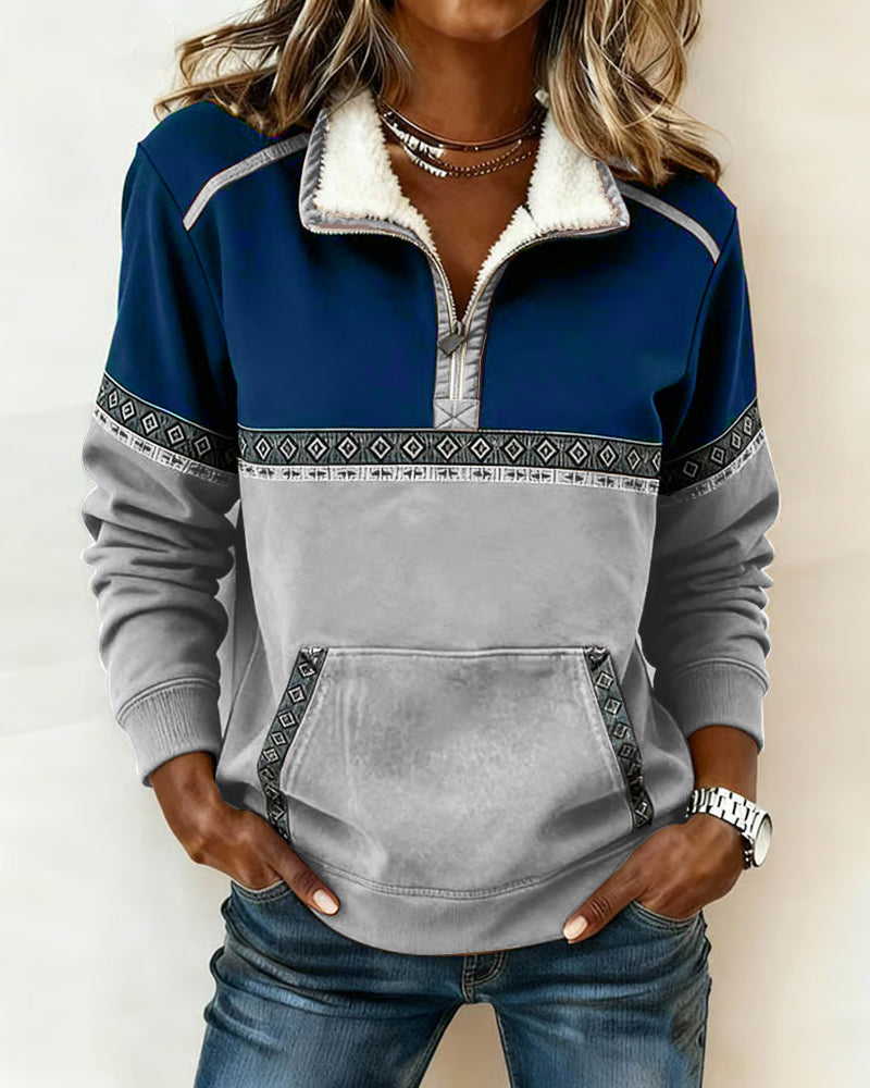 Retro Color-Blocked Fur Collar Sweatshirt