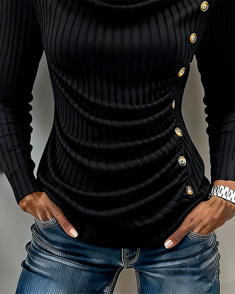 Mock Neck Button Shirred Blouse