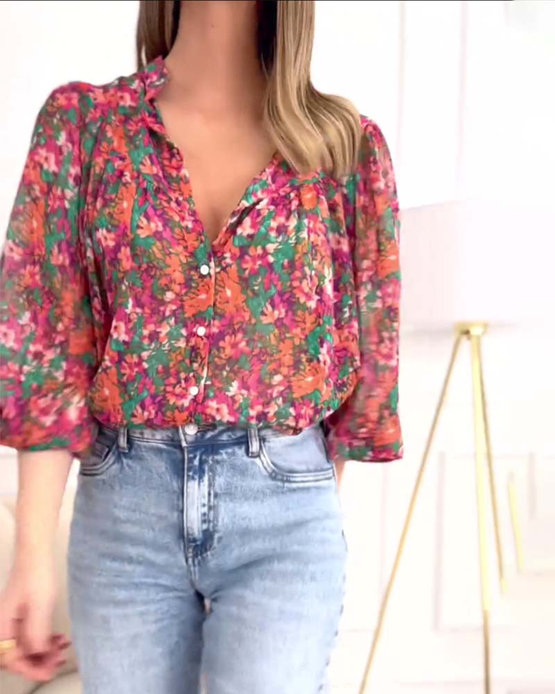 Puff-sleeve printed button-down shirt