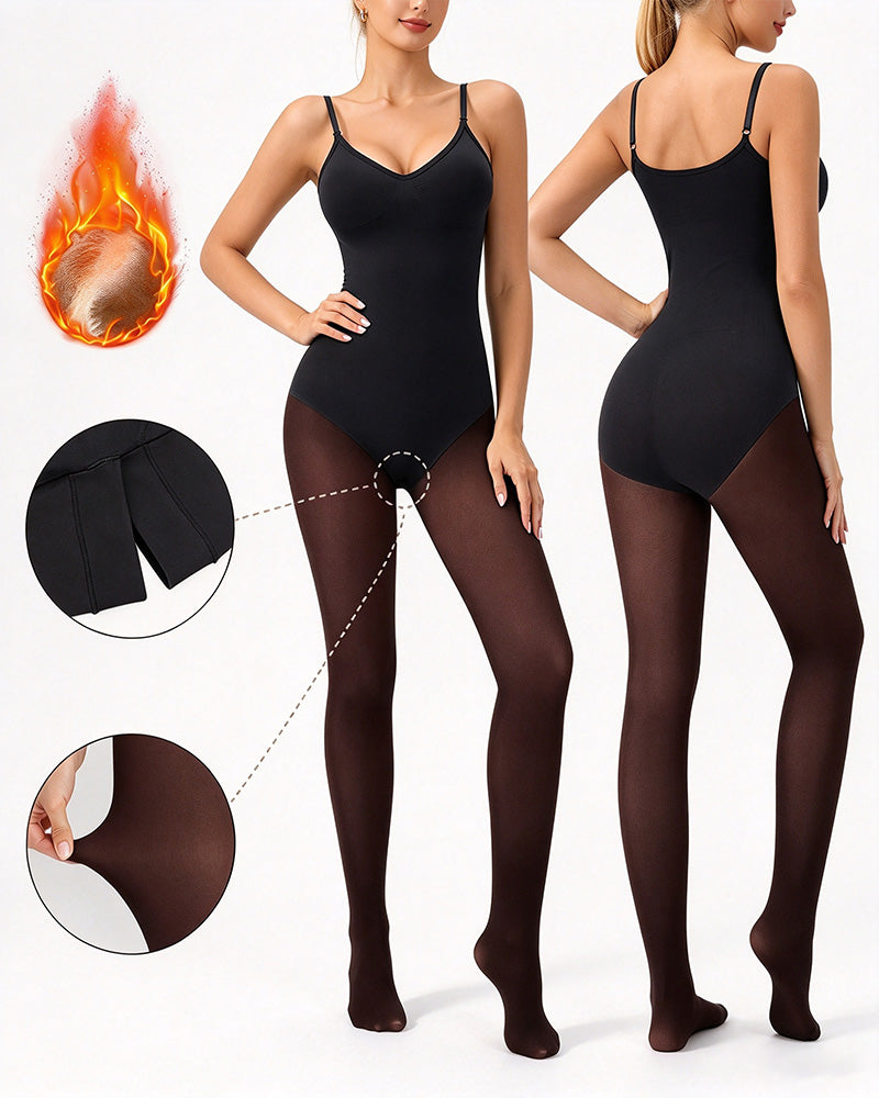 Sheer-Panel with Fleece Lined Tights Stay-Warm Tummy Control Sheer Effect Tights Bodysuit
