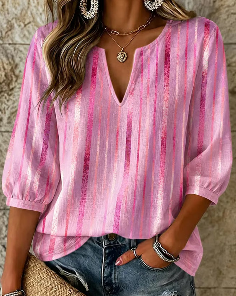 Vertical Stripe Small V-Neck Blouse