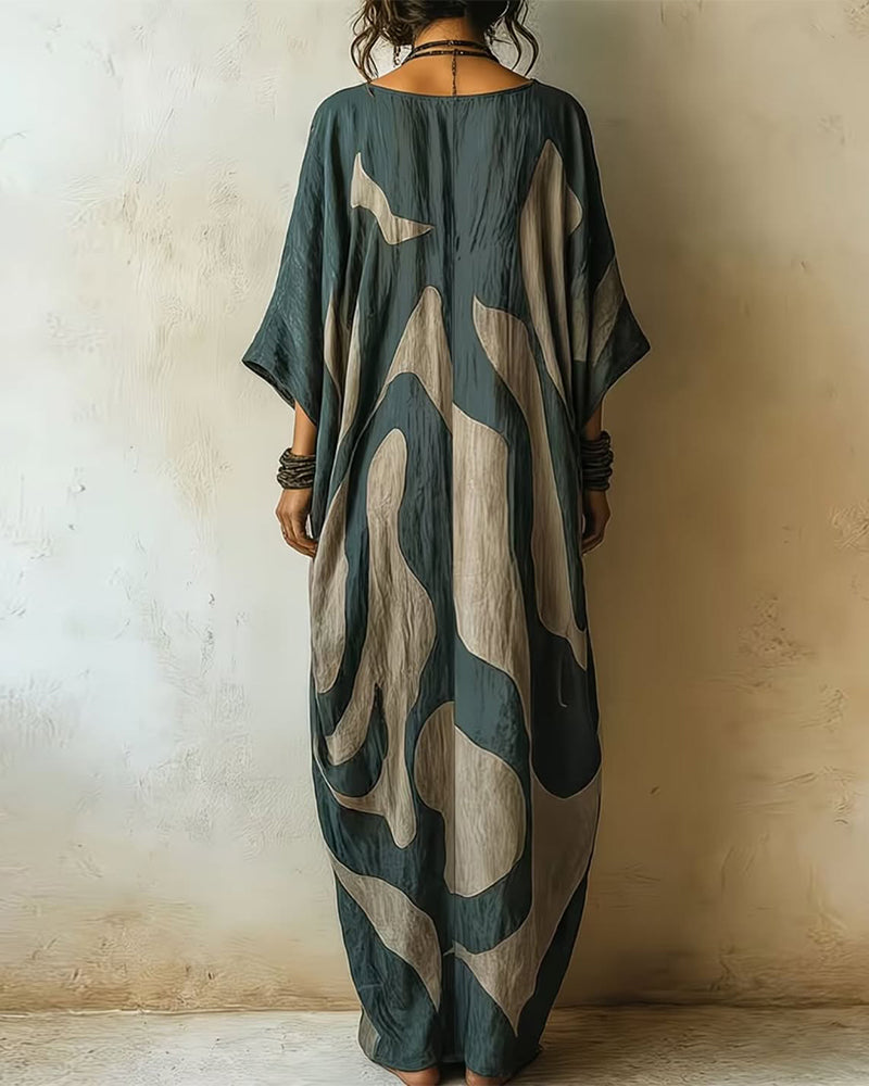 Deep V Abstract Wave Print Dress