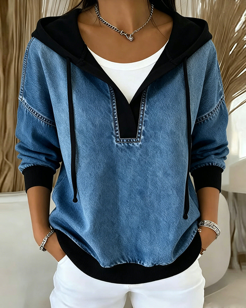 Color-Block V-Neck Drawstring Hoodie