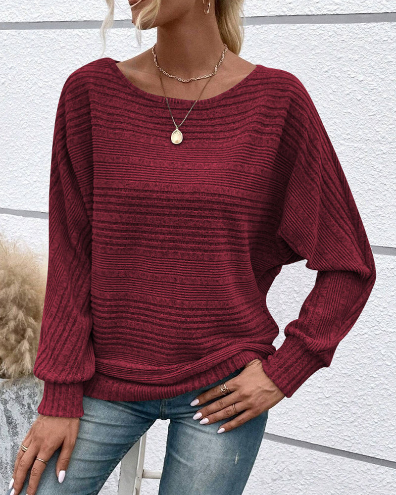 Solid Color Round Neck Long Sleeve Striped Top