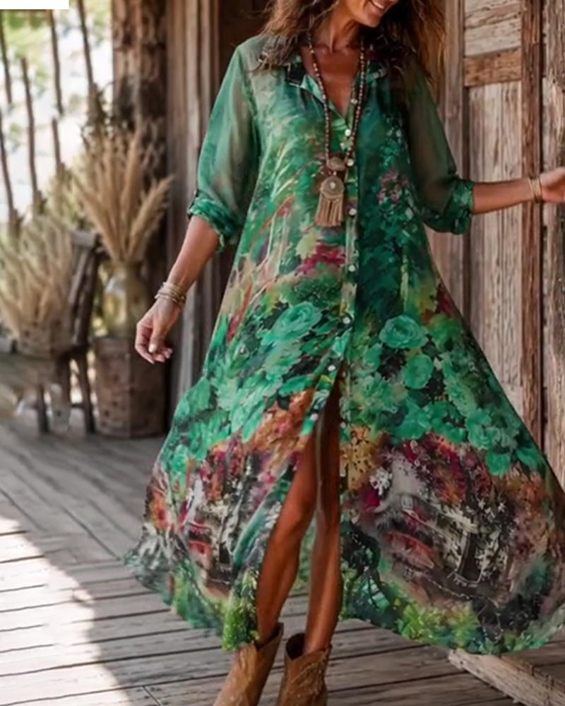 Shirt Collar Slit Floral Dress