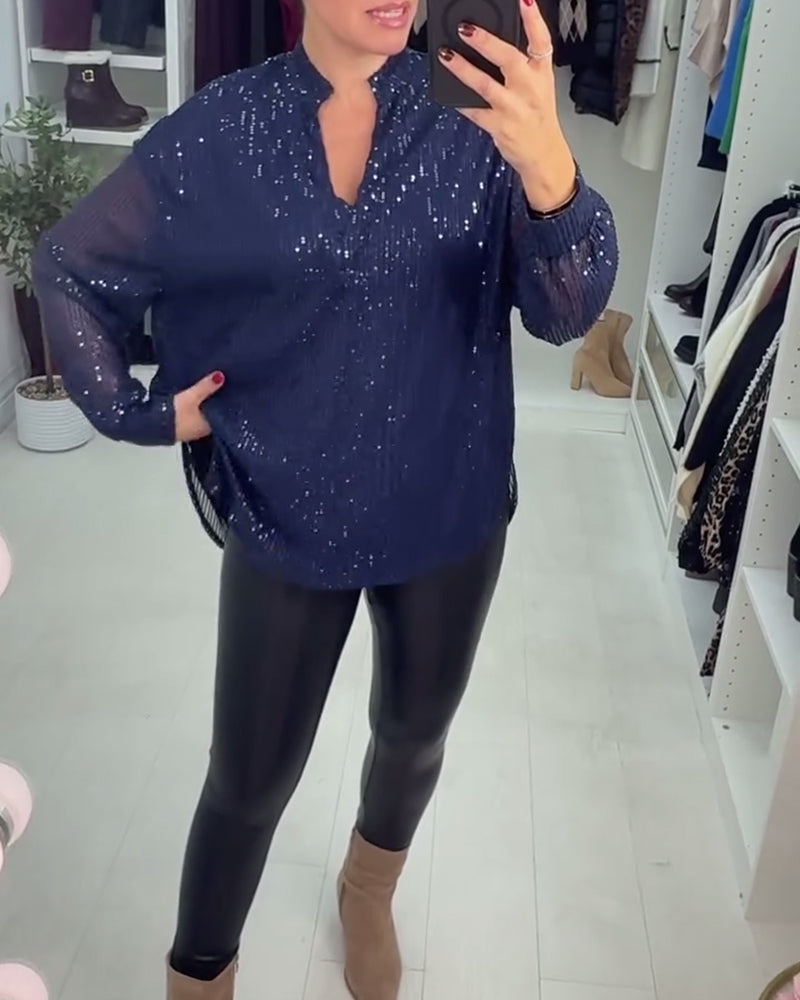 V-Neck Sequined Workwear Blouse