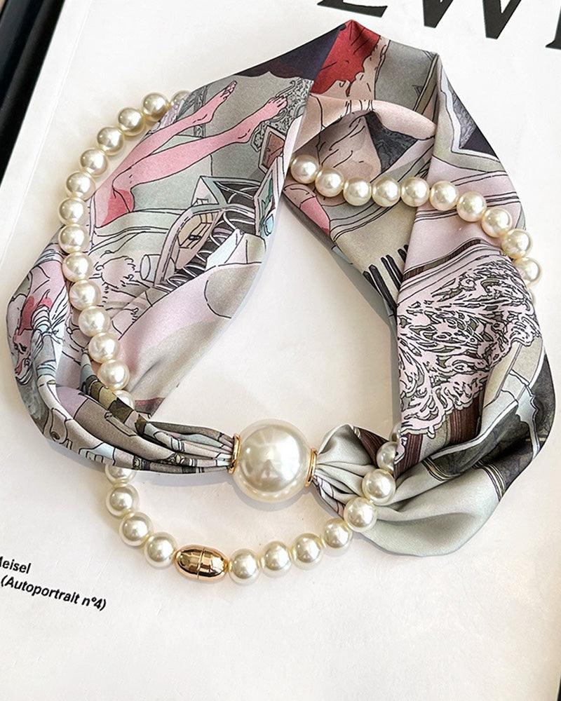 Long Pearl-Embellished Silk Necklace
