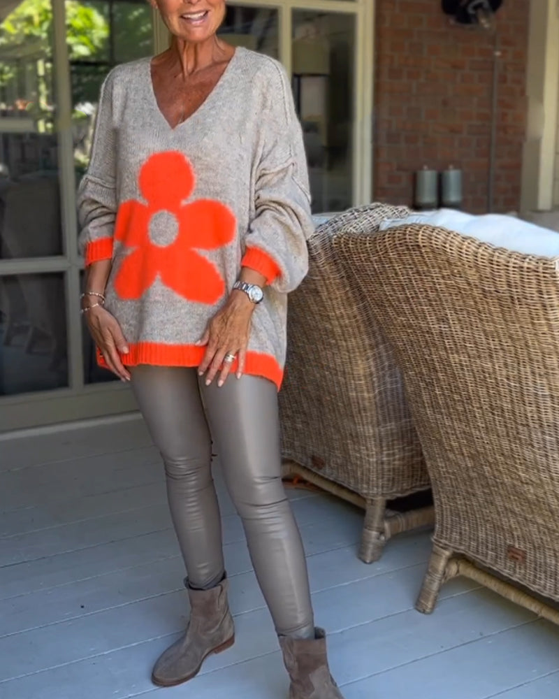 Floral pattern v-neck sweater