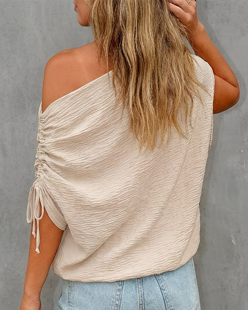 Solid Color Drawstring One Shoulder Blouse