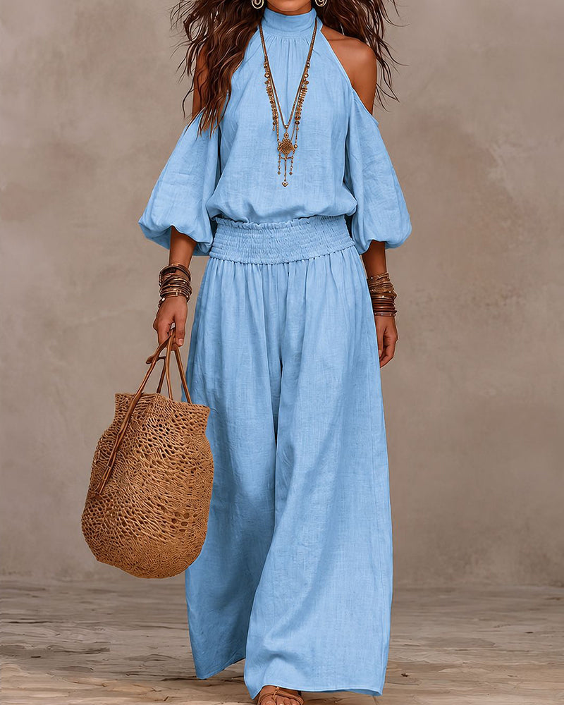 Off-Shoulder Long Sleeve Shirred Pants Set