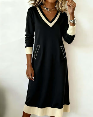 Long-Sleeved V-Neck Contrast Knit Dress