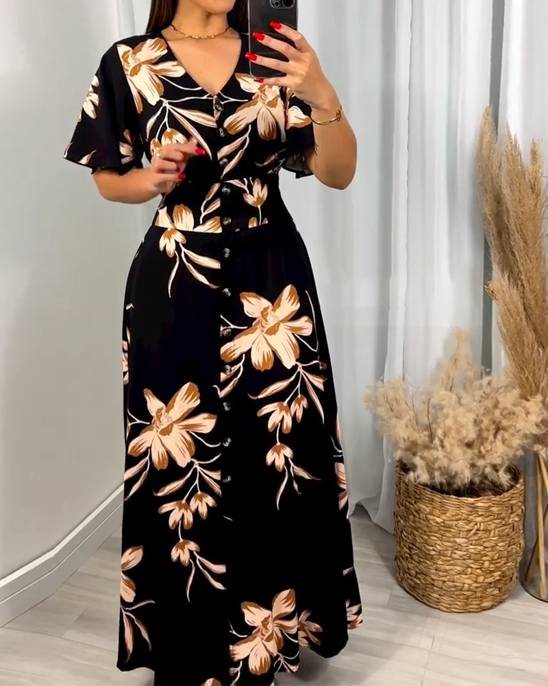 V-Neck Floral Print Waist Dress