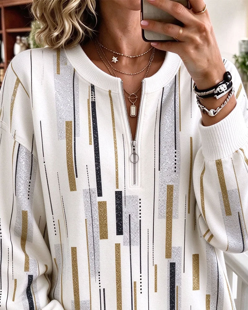 Half Zip Striped Loose Sweatshirt