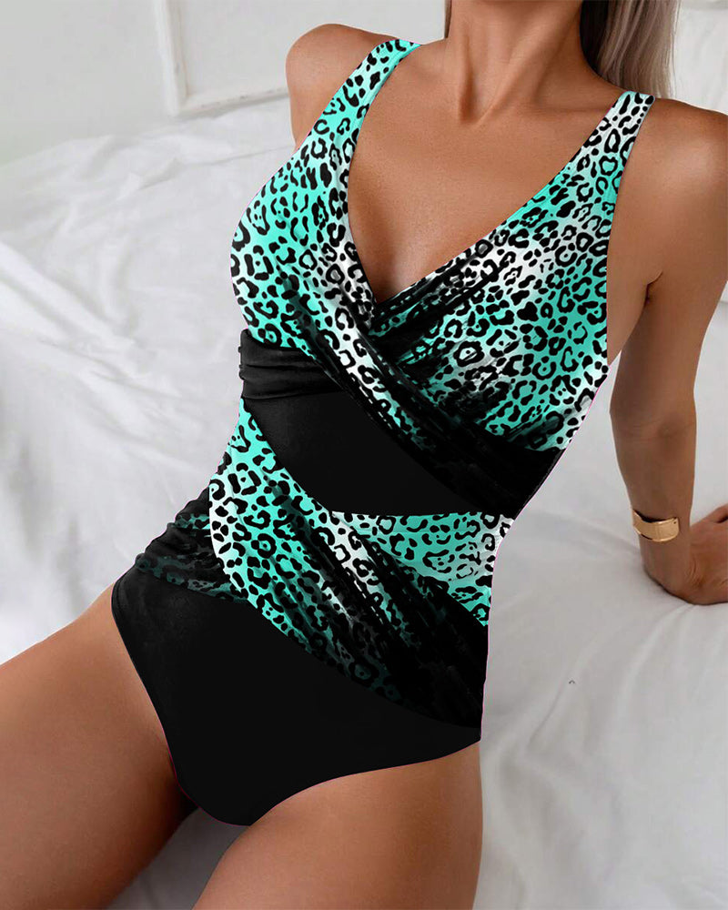 Leopard Print Color-Block One-Piece Swimsuit