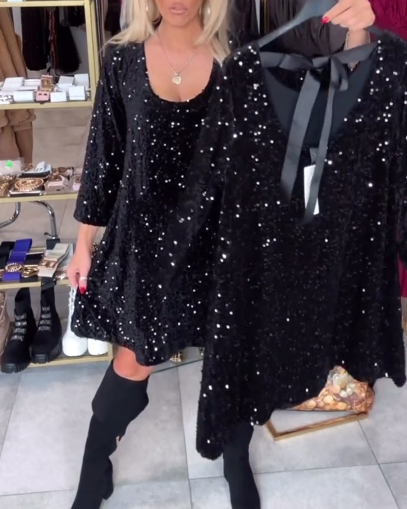 Velvet Sequined Dress With Wide Neckline