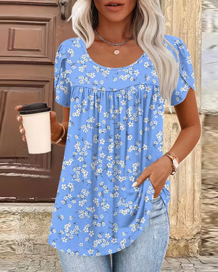 Small Floral Print Crew Neck Short-Sleeved Blouse