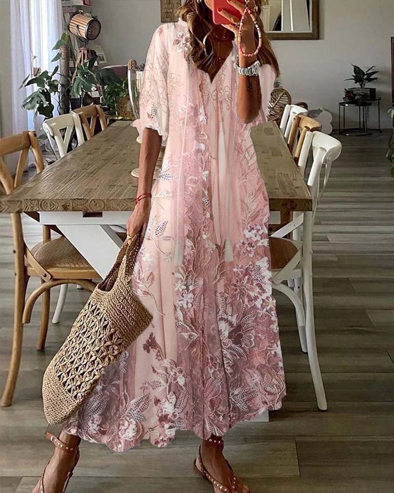 V-Neck Floral Ruffle Full Skirt Dress