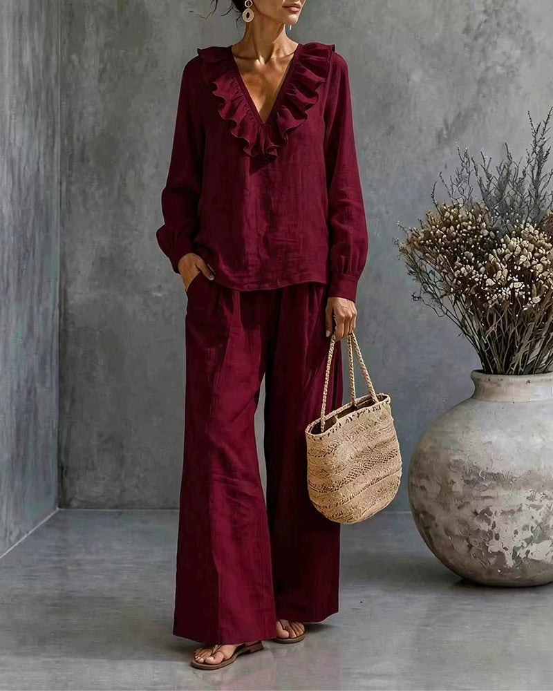 Ruffled V-Neck Long Sleeve Set