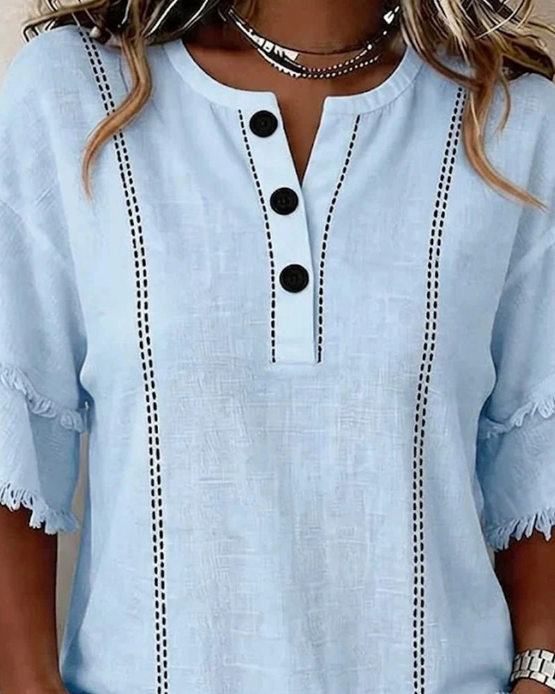 V-Neck Ruffle Layer Half Placket Button Blouse