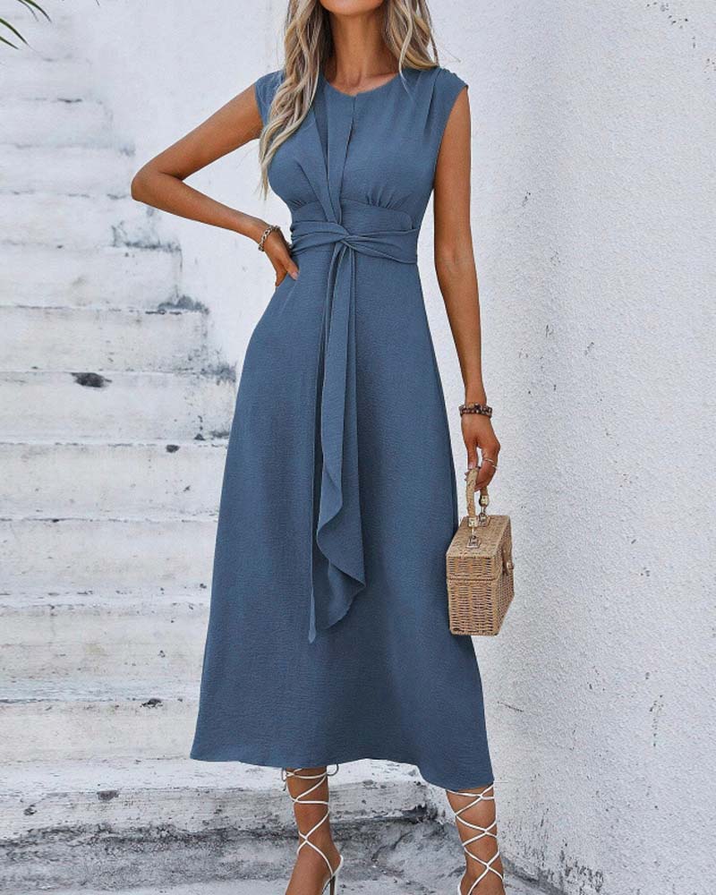 Solid Color Cinched Waist Tie Dress