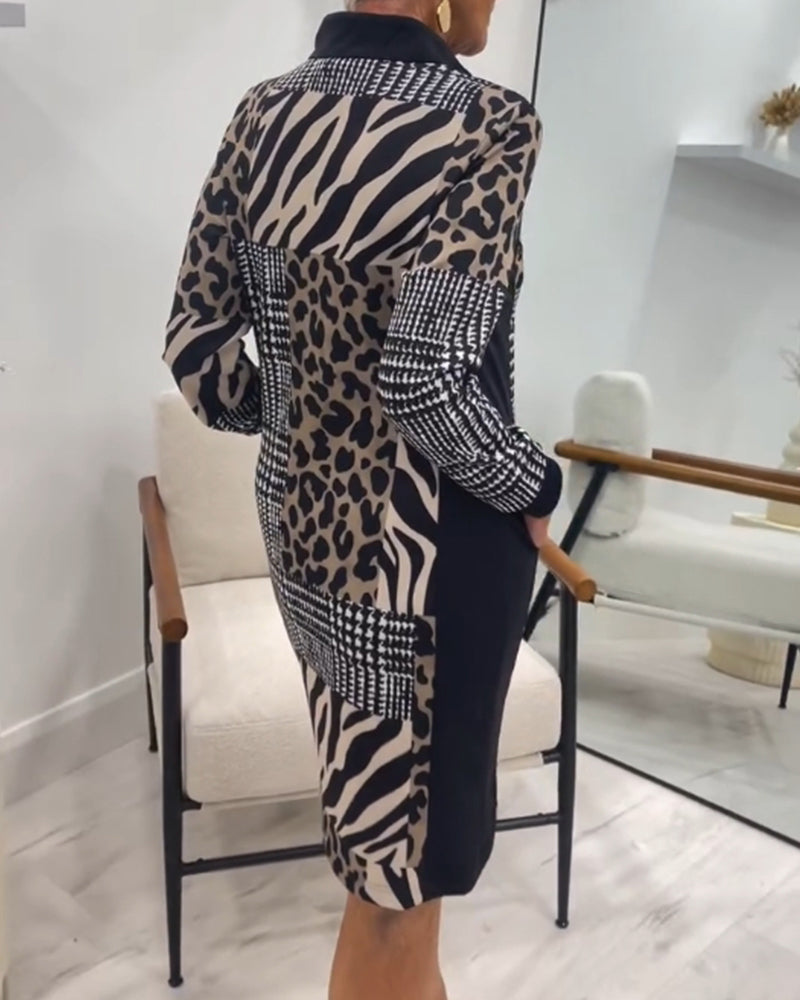 Stylish leopard print patchwork zipper pocket dress