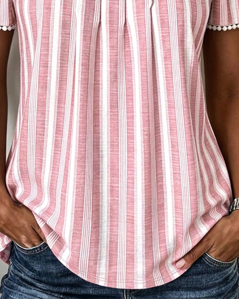 Striped Square-Neck Short-Sleeve Blouse