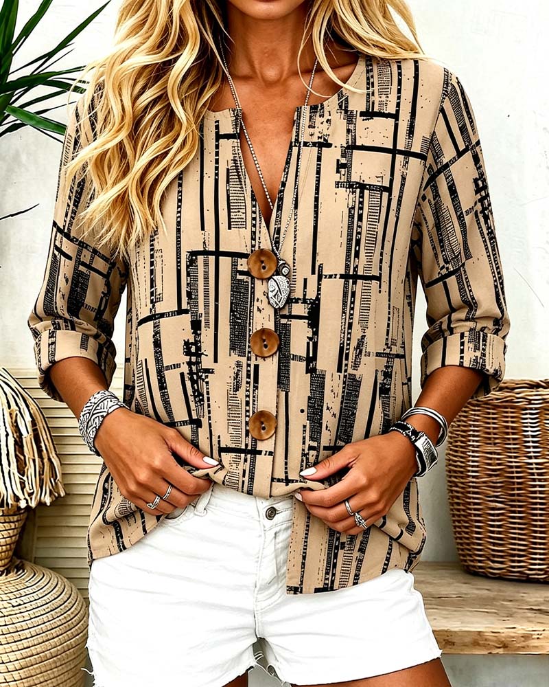 V-Neck Button-Down Striped Blouse