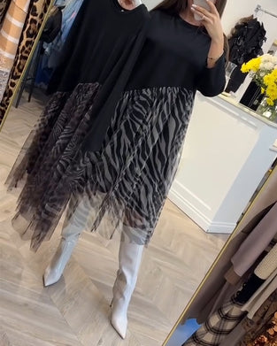 Round Neck Patchwork Mesh Print Dress