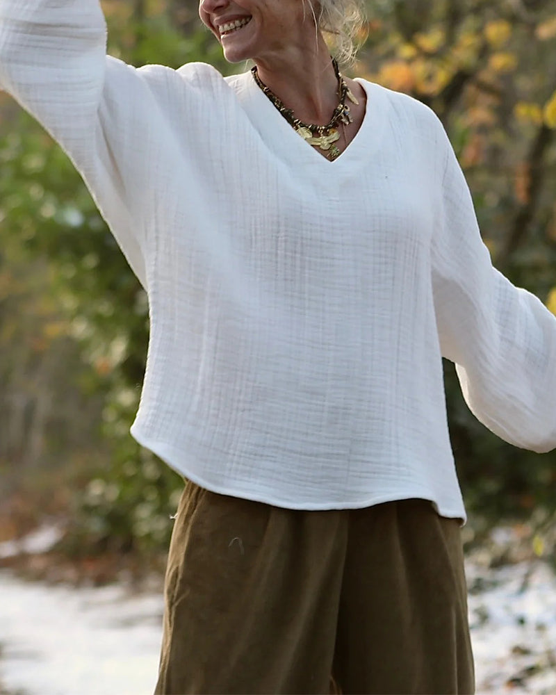 100% Cotton Fashion V-Neck Long-Sleeved Top