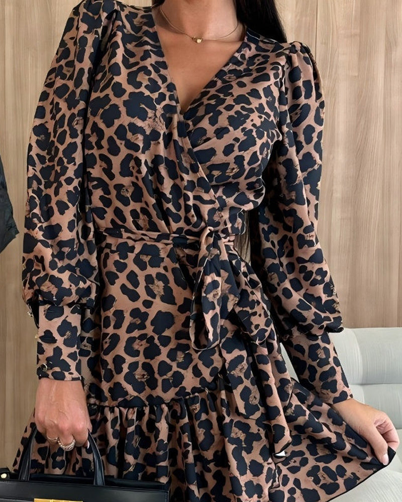 💖Black-Friday-Mega-Deal💖Leopard Print Wrap Dress With V-Neck And Waist Belt