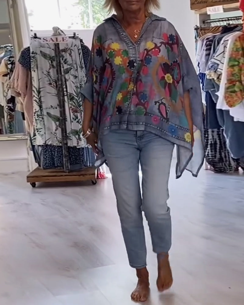 Fake Denim Irregular Print Blouse