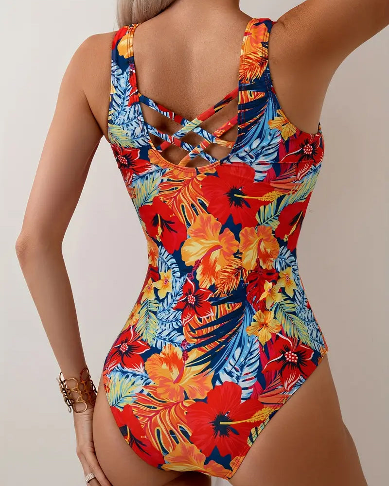 Round Neck Wide Strap Floral One-Piece Swimsuit