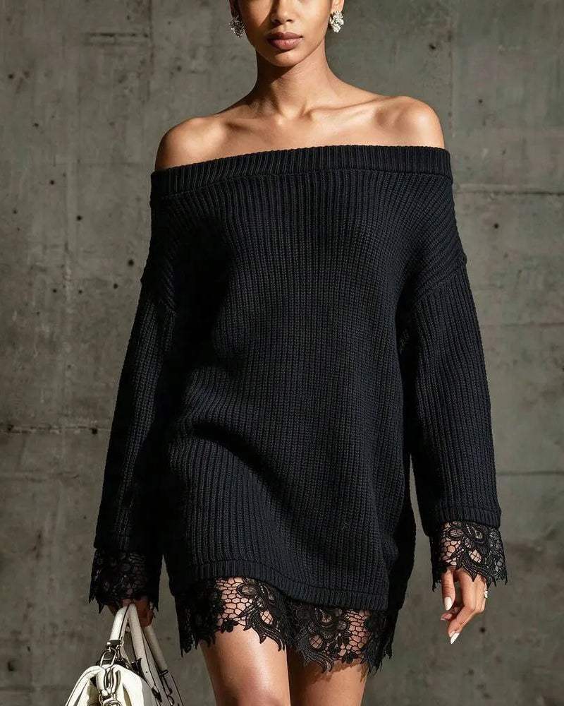 Off-Shoulder Ribbed Lace Patchwork Sweater Dress