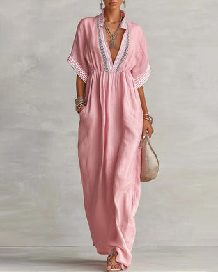 V-Neck Ruched Striped Loose Dress