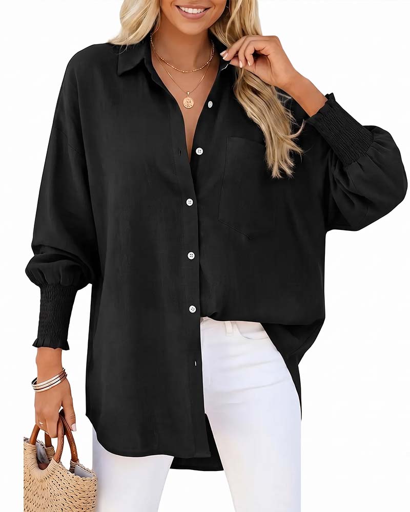 Loose Pocket Solid Elastic-Cuff Blouse
