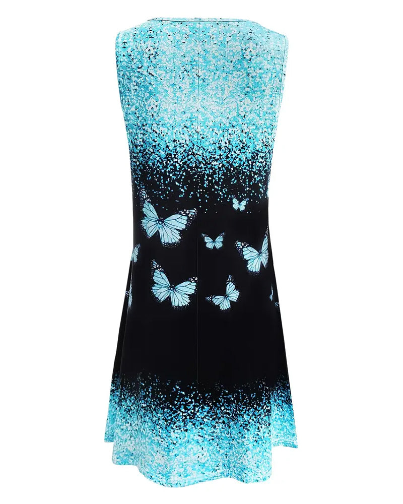 Sleeveless V-Neck Butterfly Print Dress