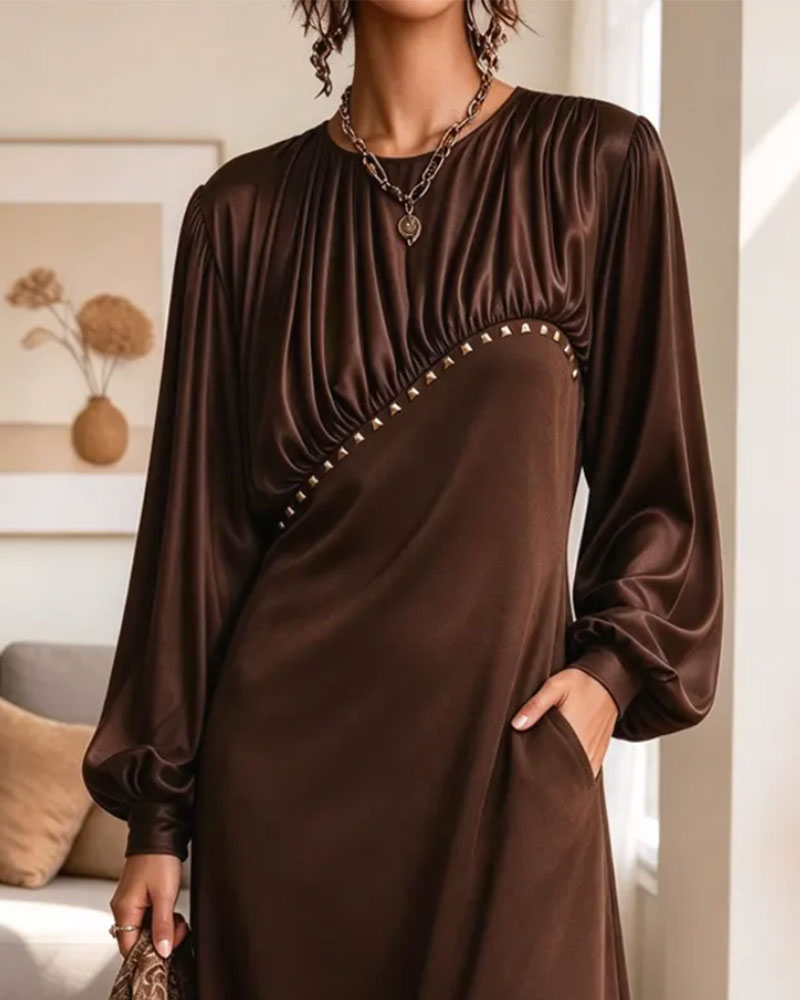 Round Neck Pleated Puff Sleeve Pocket Dress