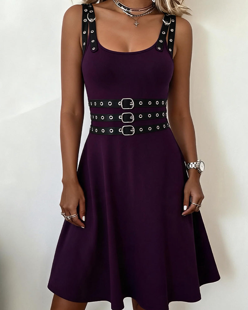 Square Neck Strappy Metal Ring Sleeveless Dress