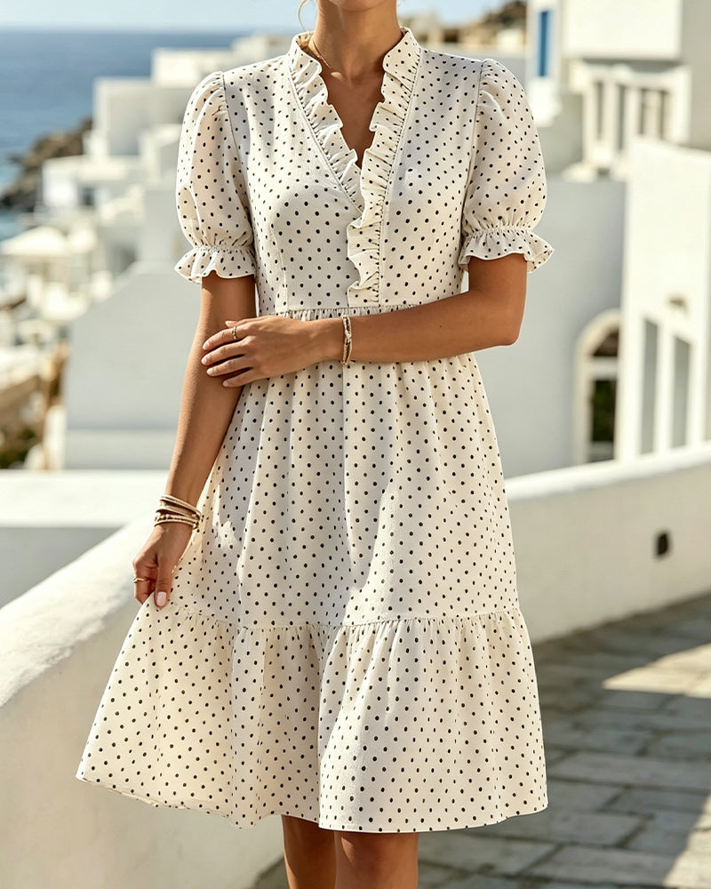 V-Neck Lace Trim Polka Dot Dress