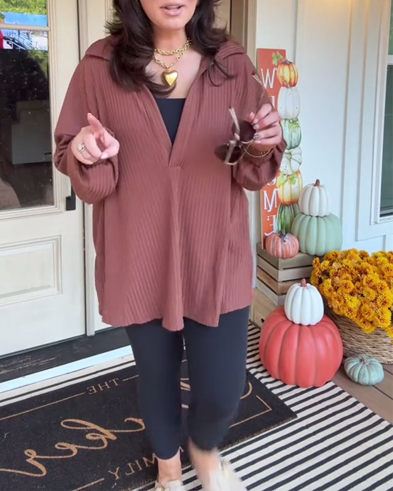 Casual Solid Color V-Neck Loose Long-Sleeved T-Shirt