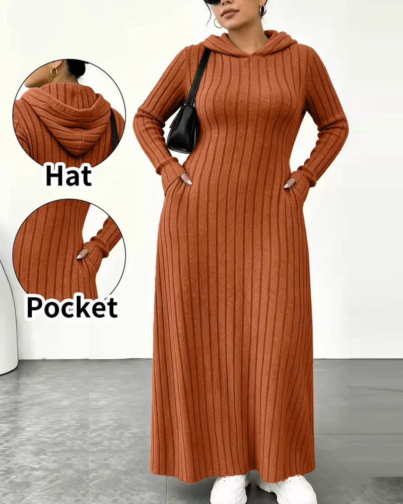 Hooded Pocket Ribbed Fitted Dress