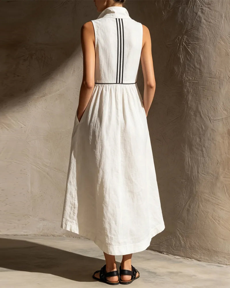 Stand Collar Deep V-Neck Sleeveless Dress