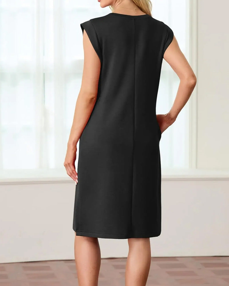 Round Neck Sleeveless Slit Solid Dress