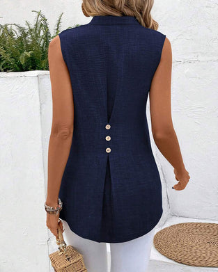 Mandarin Collar Back Slit Button Sleeveless Tank Top