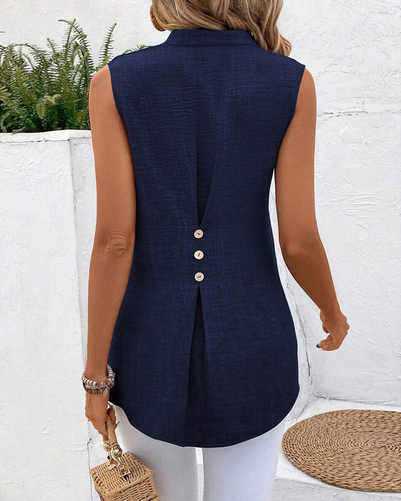 Mandarin Collar Back Slit Button Sleeveless Tank Top