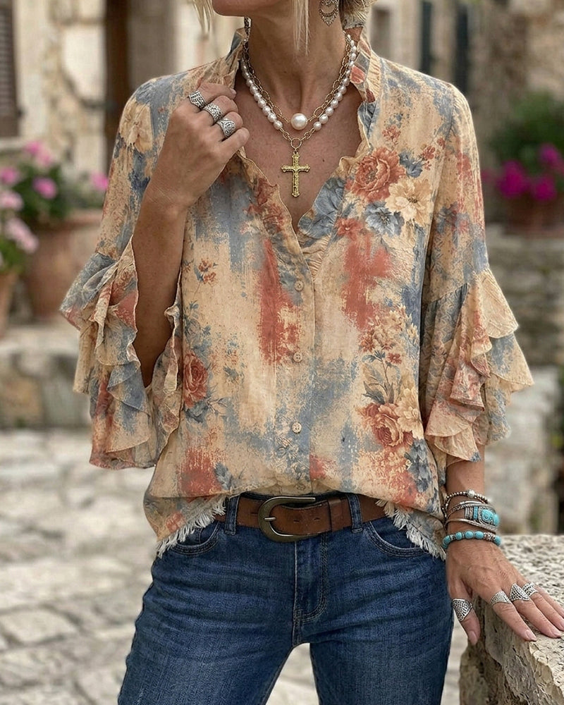 V-Neck Contrast Two-Tier Ruffle Blouse