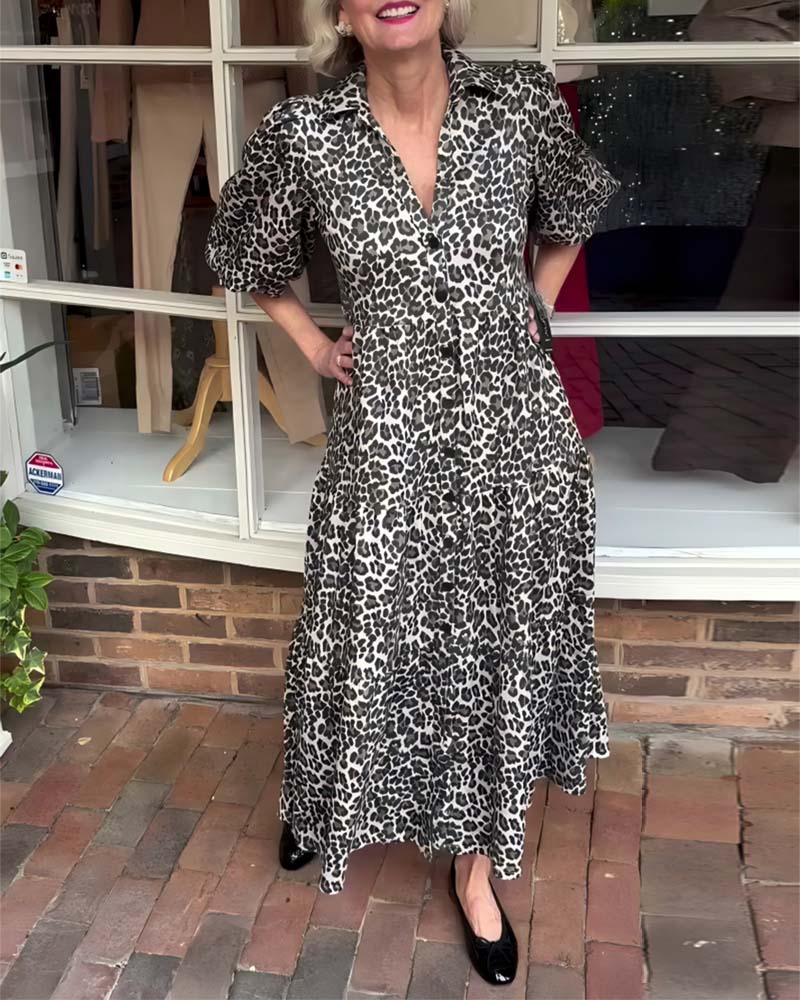 Short-Sleeved Leopard Print A-Line Dress